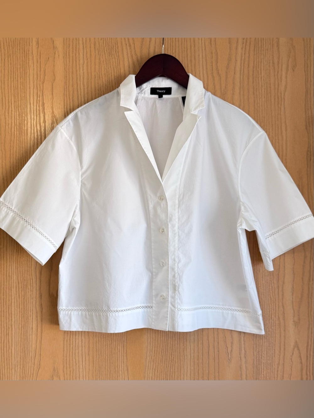 Theory | Women’s Large | White Crisp Boxy Camp Shirt | Lace/Eyelet Trim